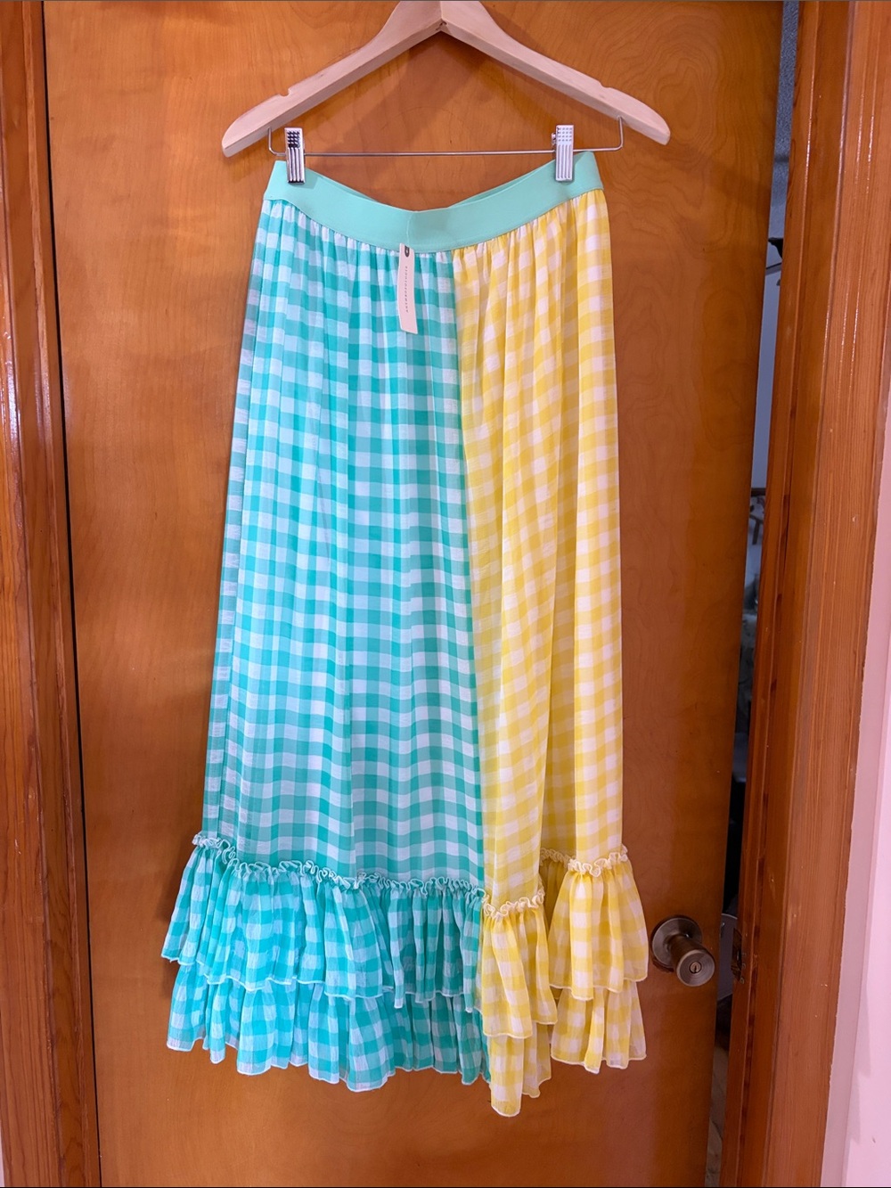 Eva Franco Aqua & Yellow Gingham Tiered Ruffle Maxi Skirt